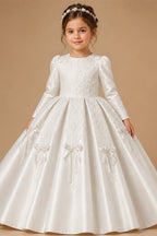 Off the Shoulder White Satin Ball Gown Flower Girl Dress with Long Cathedral Train ZP017
