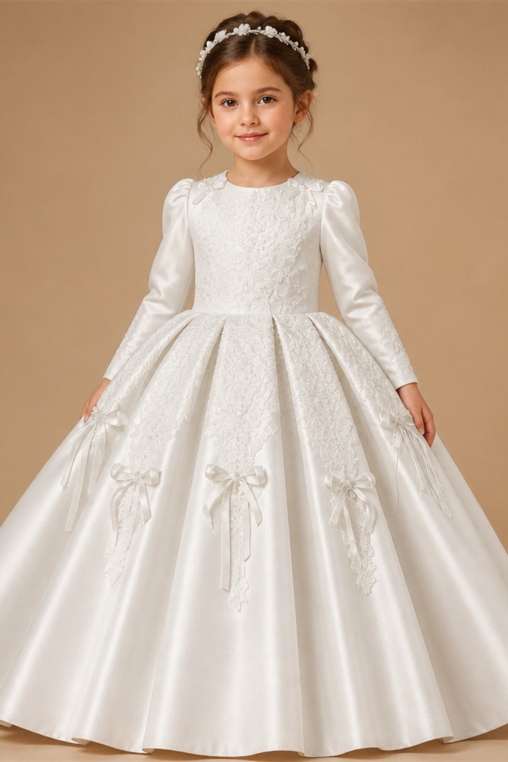 Off the Shoulder White Satin Ball Gown Flower Girl Dress with Long Cathedral Train ZP017