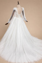 Elegant White V-Neck Long Sleeve Lace-Up Back A-Line Wedding Dress ZP060