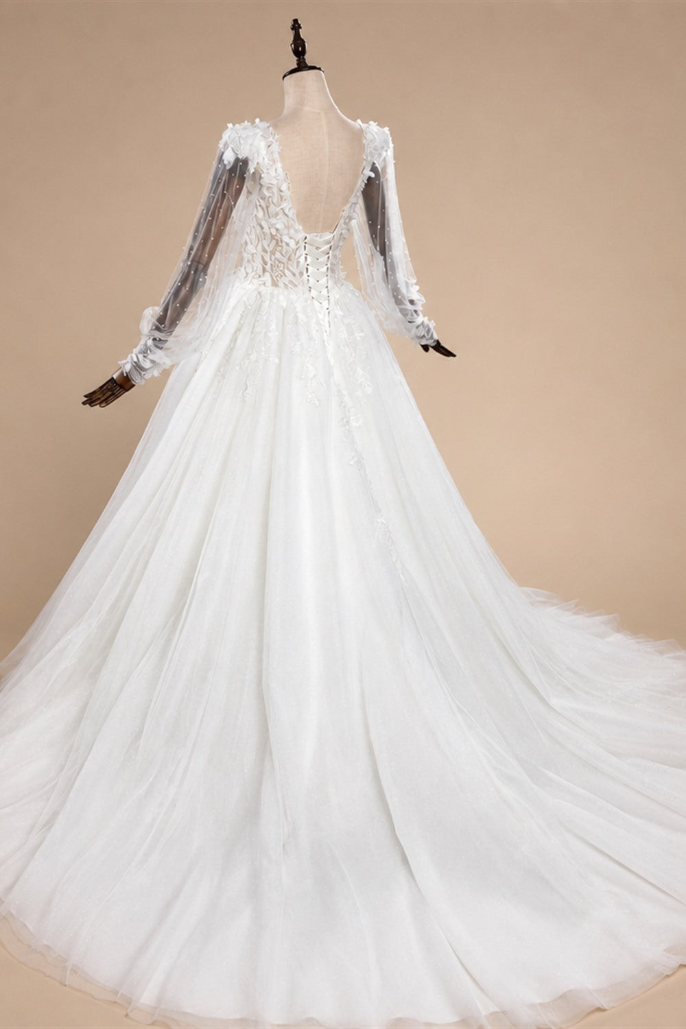 Elegant White V-Neck Long Sleeve Lace-Up Back A-Line Wedding Dress ZP060