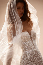White Nude Lace Mermaid Wedding Dress Luxury Beaded Sequins   Tulle Gloves ZP032