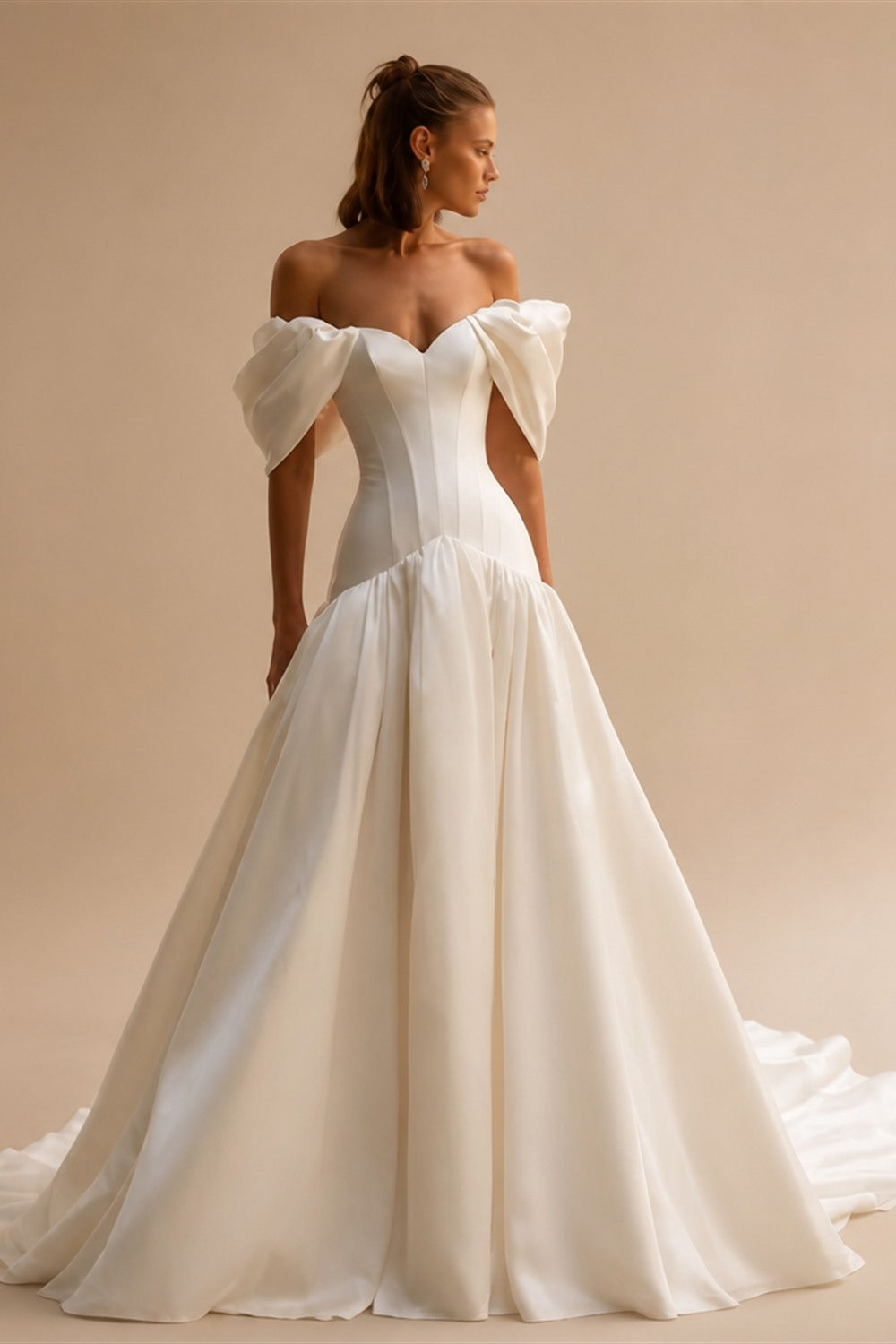 Romantic White Satin Off-the-Shoulder Puff Sleeve Ball Gown Wedding Dress ZP113