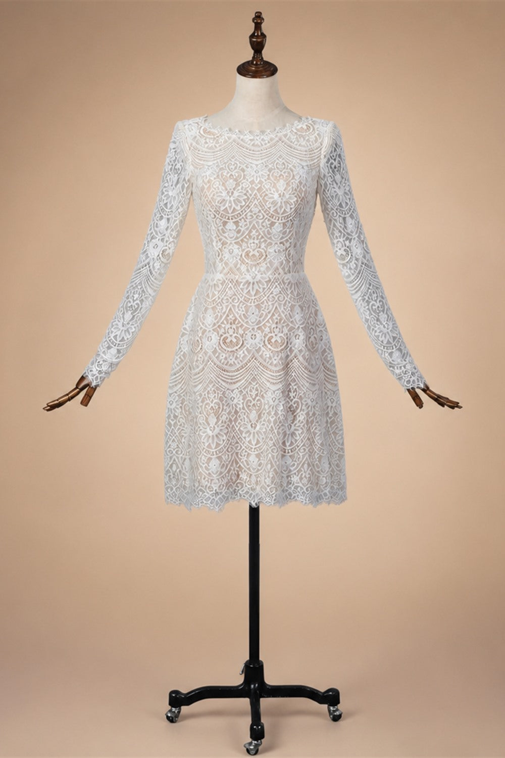 Glamorous White Long Sleeve Lace Wedding Dress with Removable Chiffon Overlay ZP058