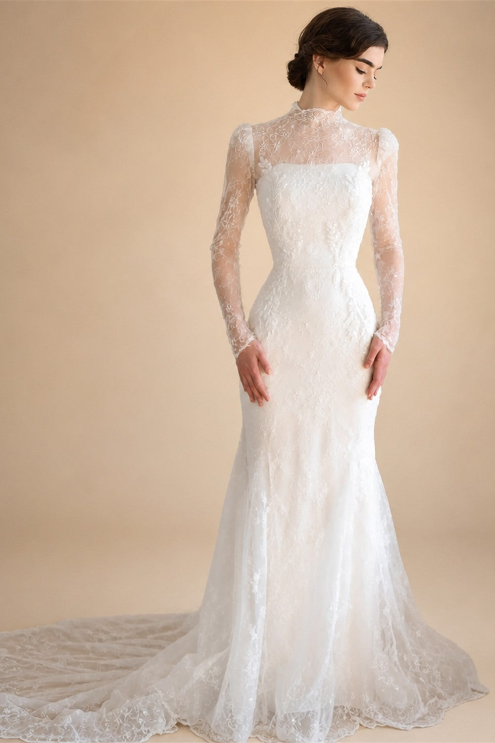Elegant Printed Crystal Sheer Lace Mermaid Wedding Dress ZP169