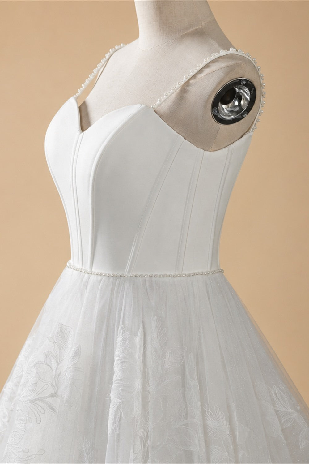 Elegant White Spaghetti Strap Satin Bodice Lace Tulle Wedding Dress with Train ZP065