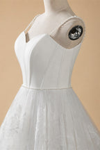 Elegant White Spaghetti Strap Satin Bodice Lace Tulle Wedding Dress with Train ZP065