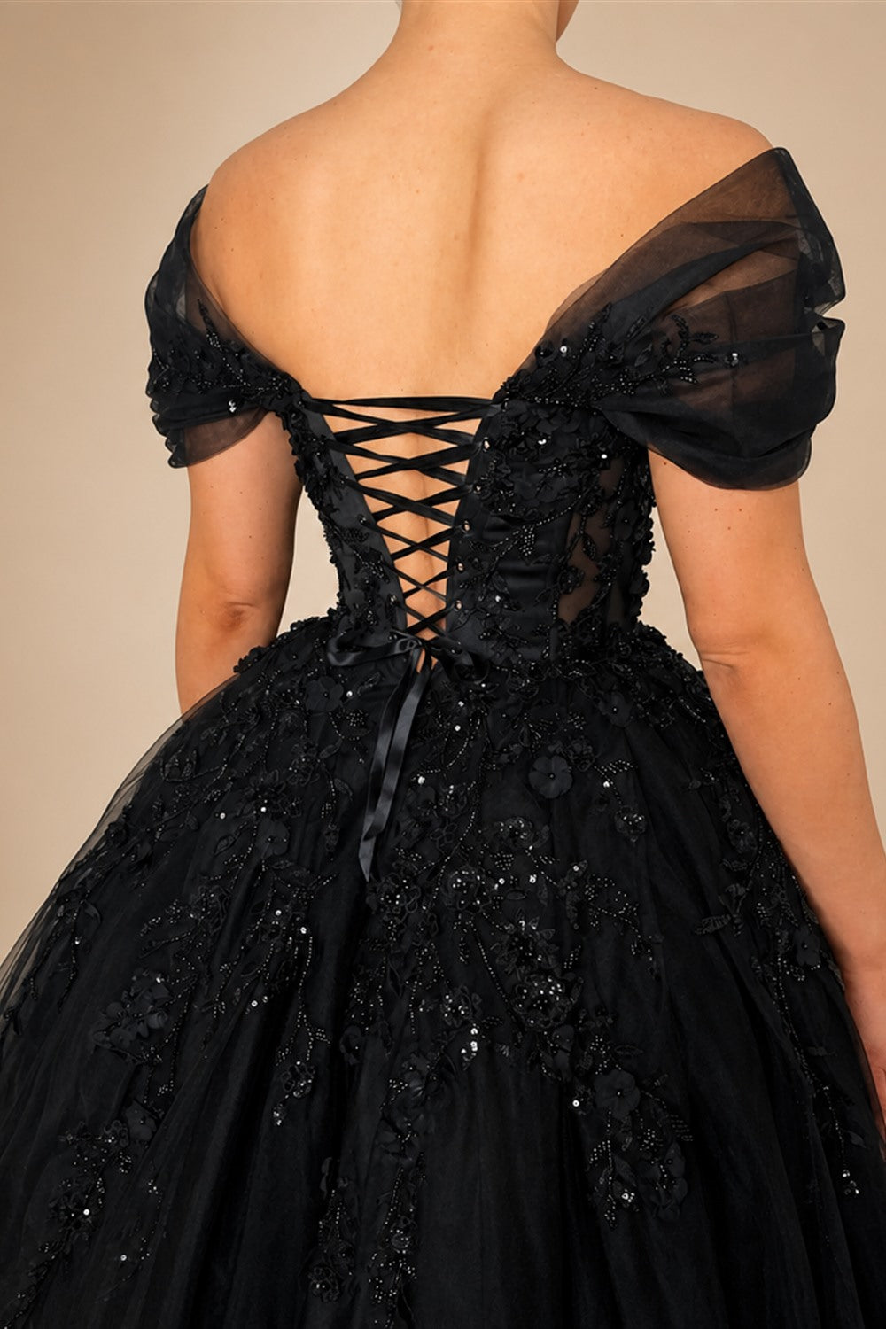 Black Luxury Gothic Wedding Dress  Sheer Corset 3D Floral Tulle  ZP027