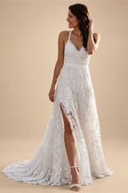 Charming Ivory Lace Floor Length V Neck Long Wedding Dresses on Line