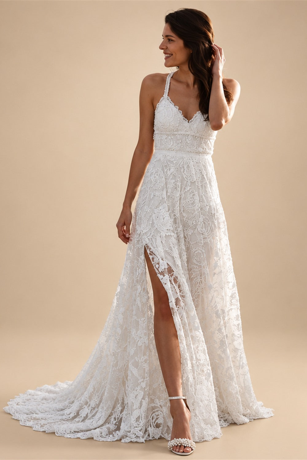 Charming Ivory Lace Floor Length V Neck Long Wedding Dresses on Line