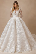 Luxury White High Neck Sequin Long Sleeve Lace A-Line Wedding Dress ZP094