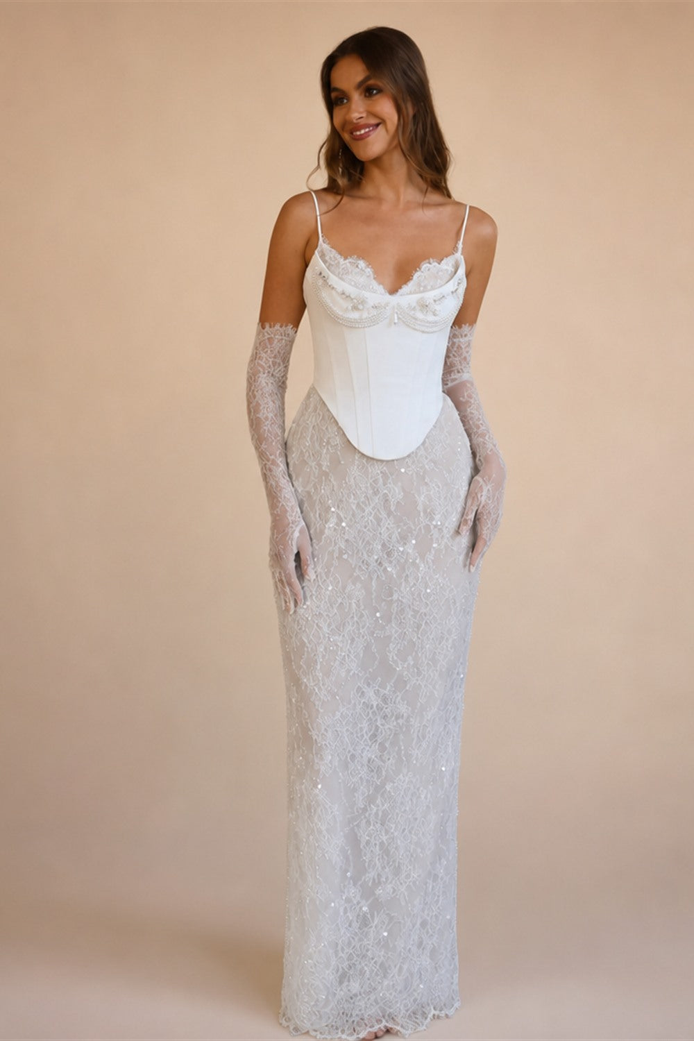Luxury Off White Lace Corset Sweetheart Mermaid Wedding Dress with Gloves ZP009
