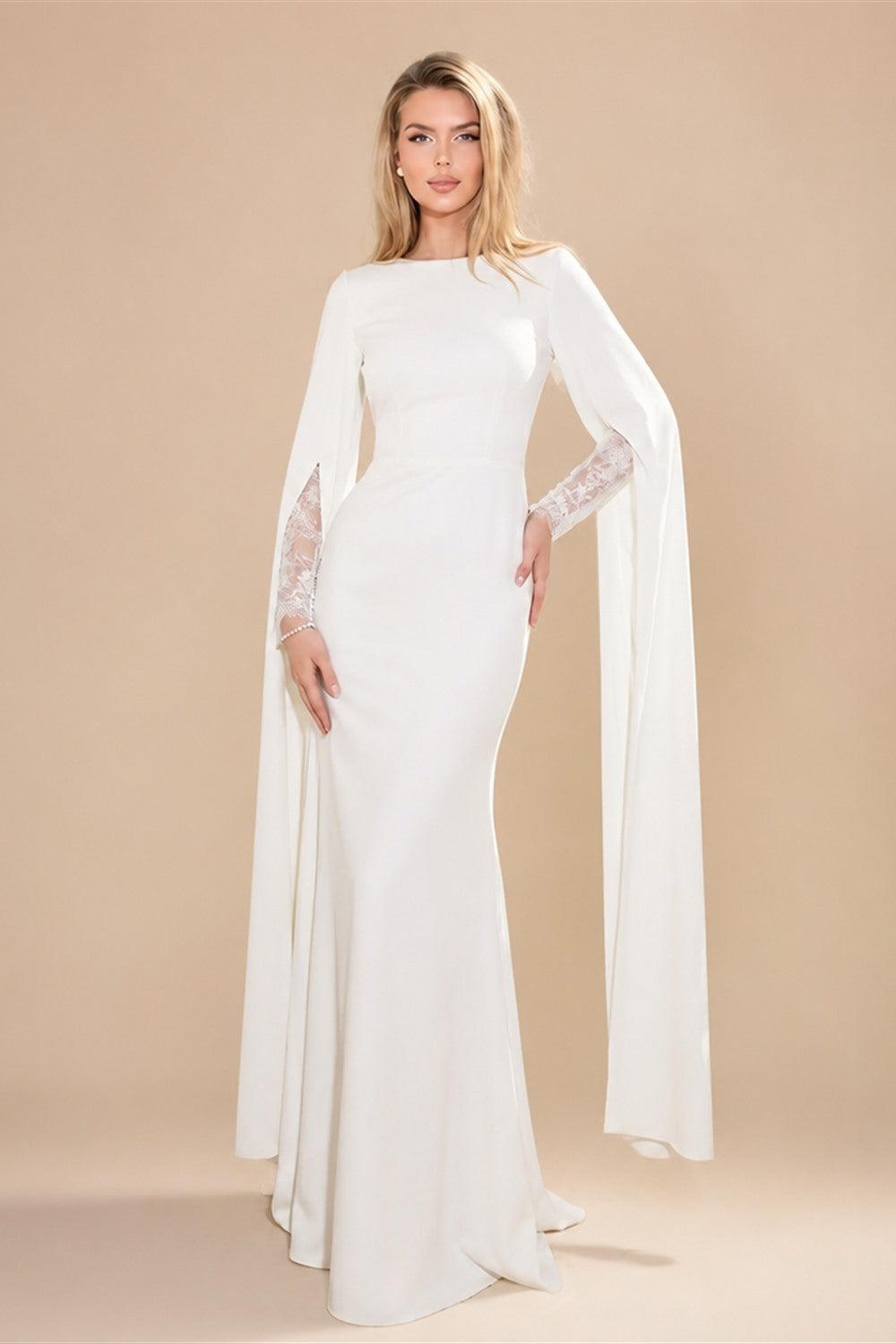 Ivory Minimalist Modest Mermaid Beaded Satin Wedding Dress  Sweep Train ZP031