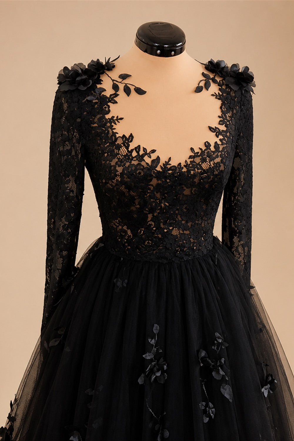 Black Luxury Gothic Wedding Dress 3D Floral Lace Tulle Sweep Train ZP026