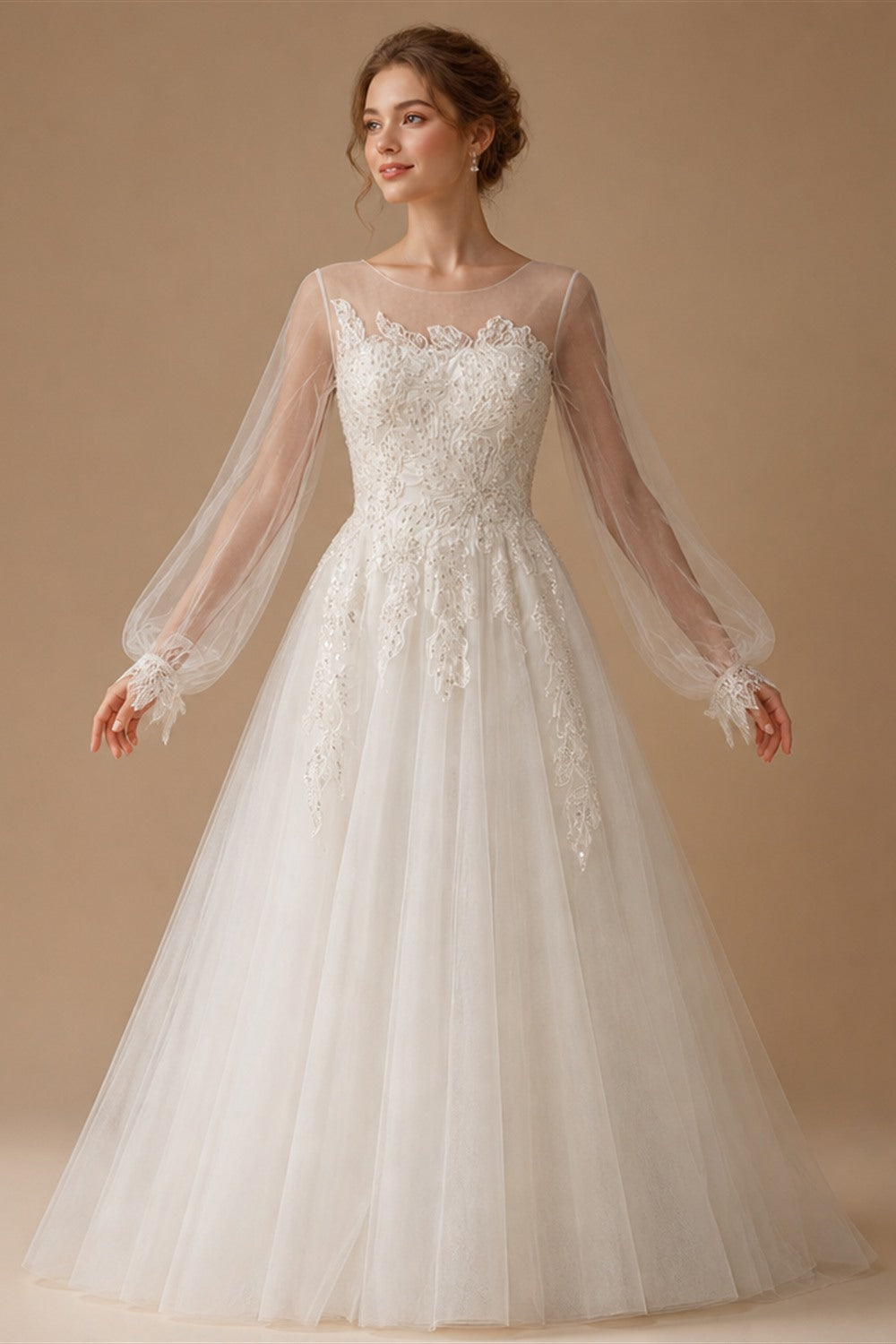 Elegant White Long Sheer Sleeve A-Line Tulle Wedding Dress with Lace Appliqués ZP057