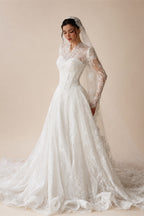 Romantic White Lace Long Sleeve A-Line Wedding Dress with Veil ZP109