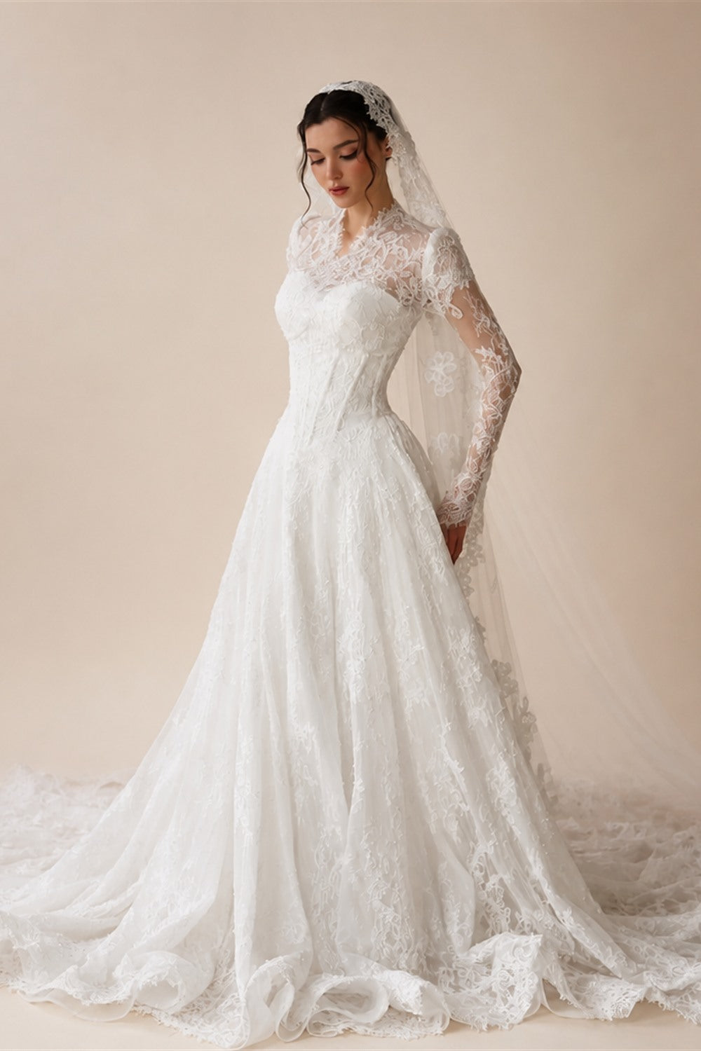 Romantic White Lace Long Sleeve A-Line Wedding Dress with Veil ZP109