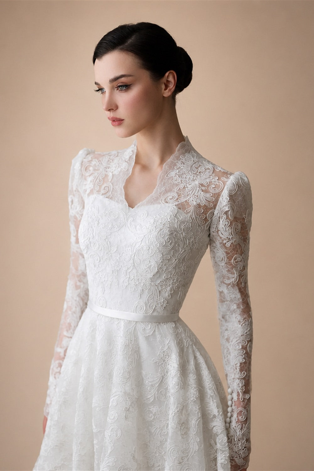 Elegant Printed Lace High Neck Wedding Dress with Train ZP171