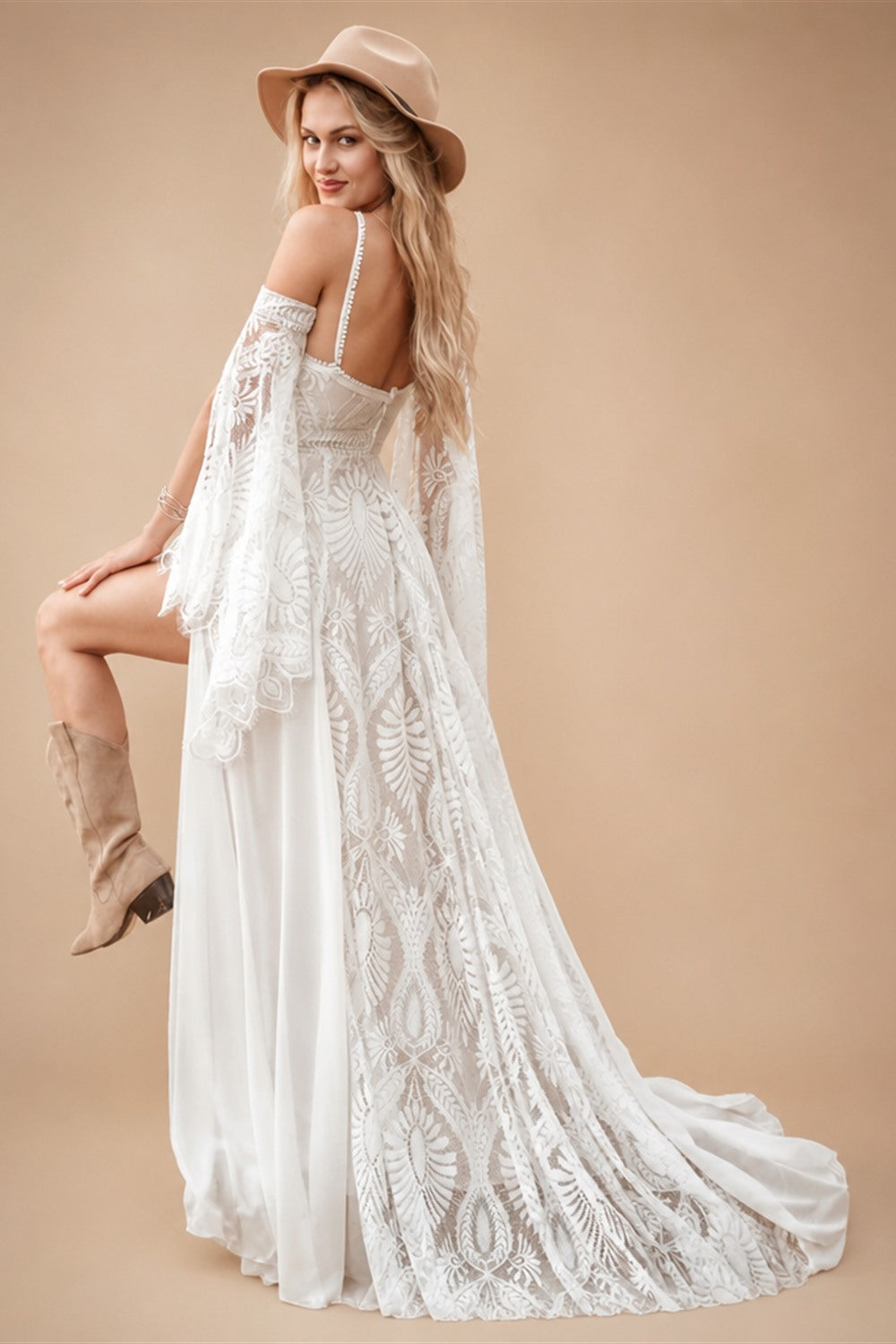 Customized Cold Shoulder Bell Sleeve Wedding Dress Bohemian Side Slit Bridal Dress with Train Bridal Gown for Wedding Occasions