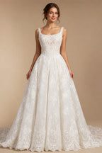 White Lace Spaghetti Strap Bridal Gown Square Neck Beaded Corset Ball Gown ZP012