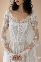 Whimsical Ivory Lace V-Neck Long Sleeve Wedding Dress with Veil ZP106