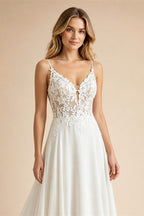 Women's Spaghetti Straps Deep V Backless Wedding Dresses Lace Appliques Chiffon Bridal Gown with Train Elegant Boho Bride Dress