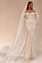 Bohemian Ivory Off-the-Shoulder Sheer Lace Mermaid Wedding Dress with Veil ZP128