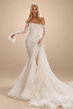 White Lace Applique Corset Bridal Gown with Cathedral Train ZP204