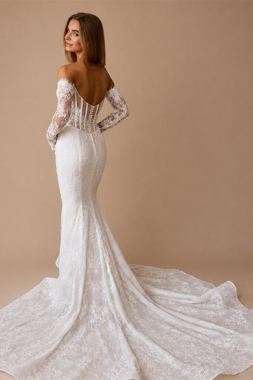 Alonlivn Customize Made Beauty Lace Fitted Beaded 2 In 1 Mermaid Wedding Gowns Trumpet Removable Train Bridal Gowns