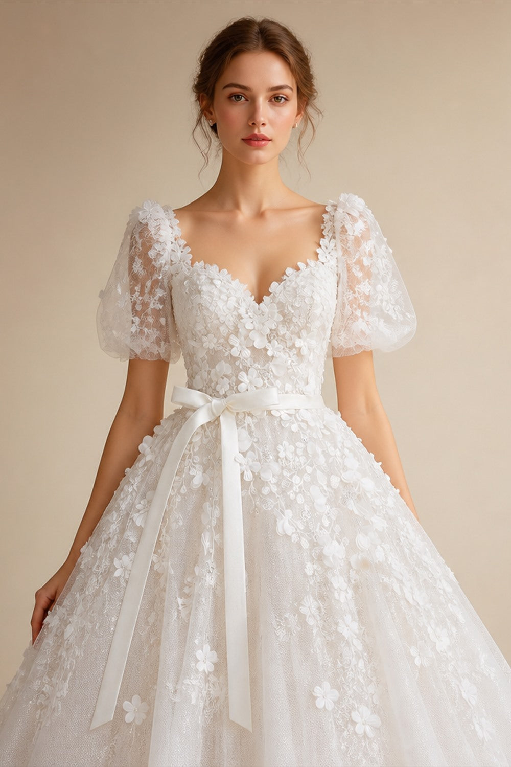 White 3D Floral Applique Sweetheart Ball Gown Wedding Dress ZP007