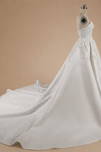 White Satin Strapless Wedding Dress Lace Appliques Sweetheart Neckline Ball Gown ZP010