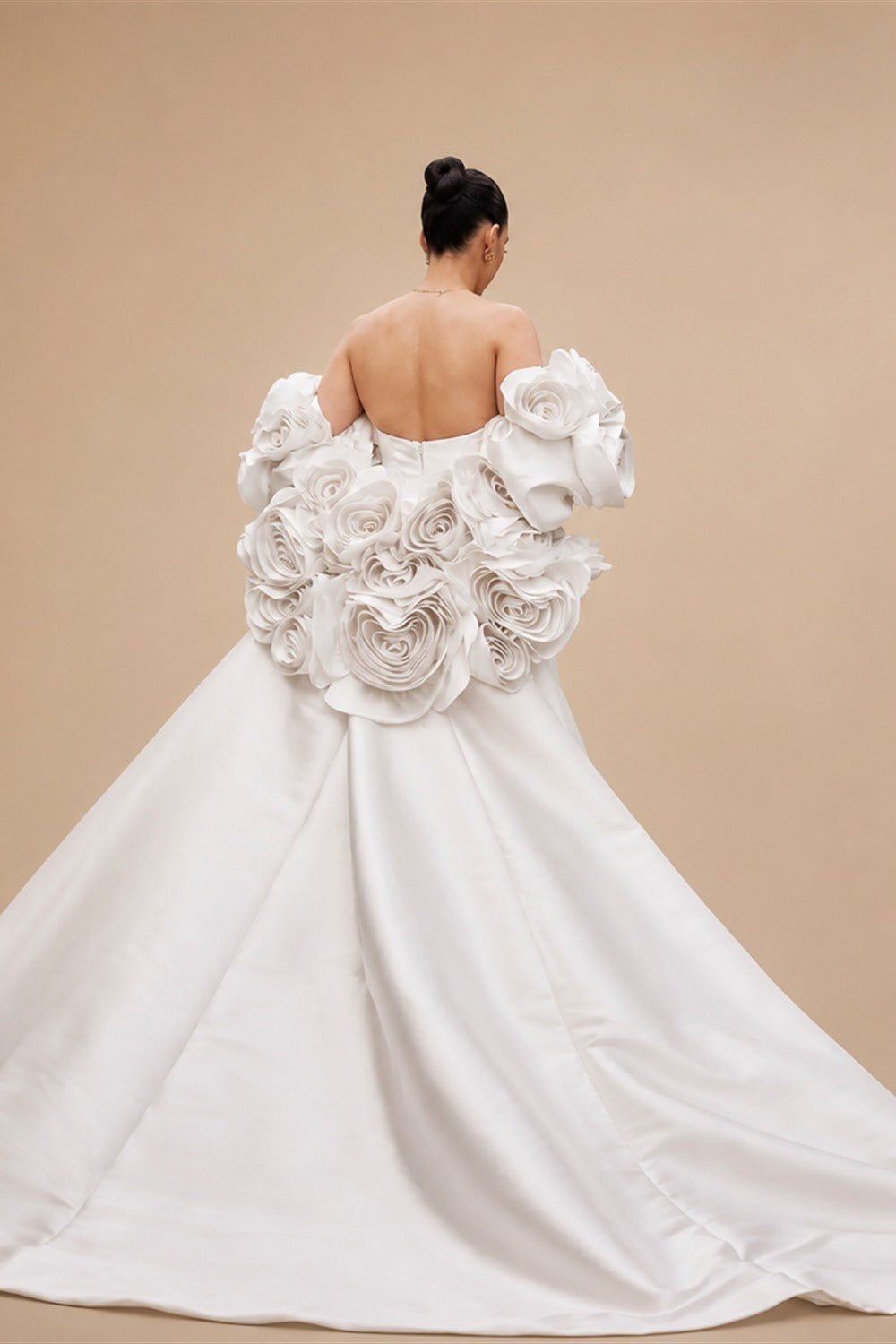 Ivory  Satin Mermaid Wedding Dress 3D Giant Rose Floral With Veil  ZP034