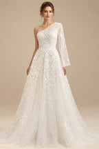 Beach Sexy Boho Wedding Dresses A-Line One Shoulder Long Sleeve Sweep / Brush Train Lace Bridal Gowns With Split Front