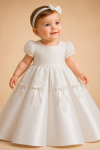 Off the Shoulder White Satin Ball Gown Flower Girl Dress with Long Cathedral Train ZP017