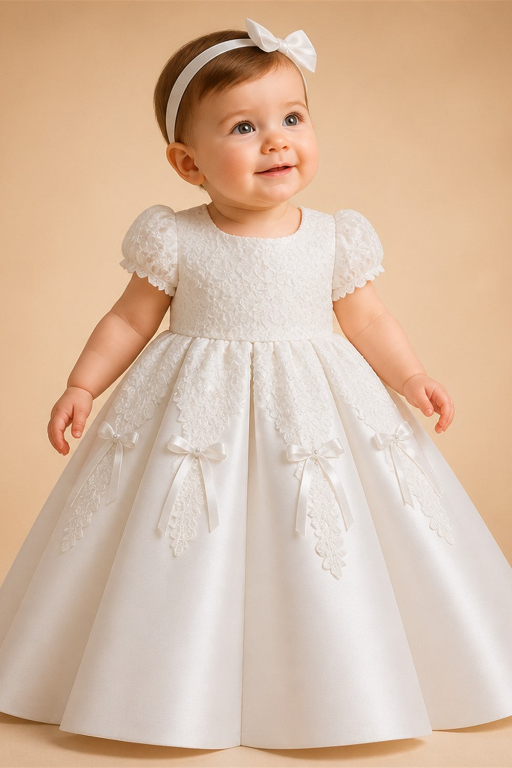 Off the Shoulder White Satin Ball Gown Flower Girl Dress with Long Cathedral Train ZP017