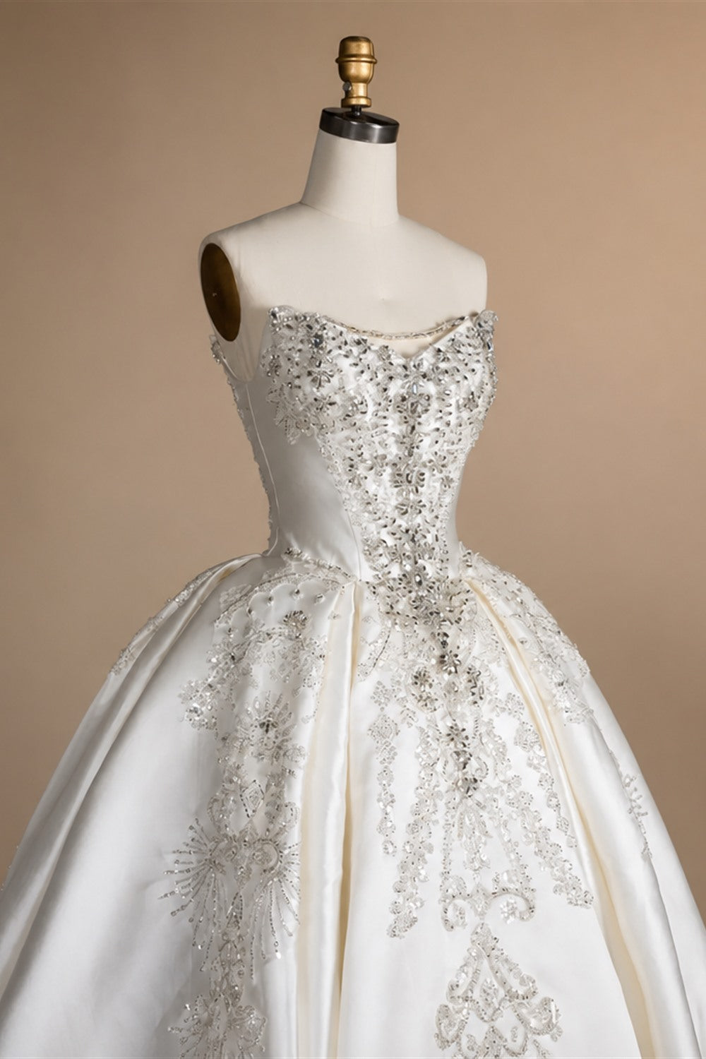 White Satin Strapless Ball Gown Wedding Dress with Luxurious Beaded Lace and Cathedral Train ZP016