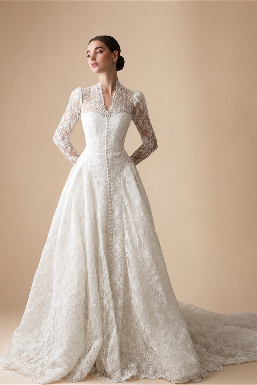 Vintag White Lace High Neck Long Sleeve A-Line Wedding Dress with Train ZP110