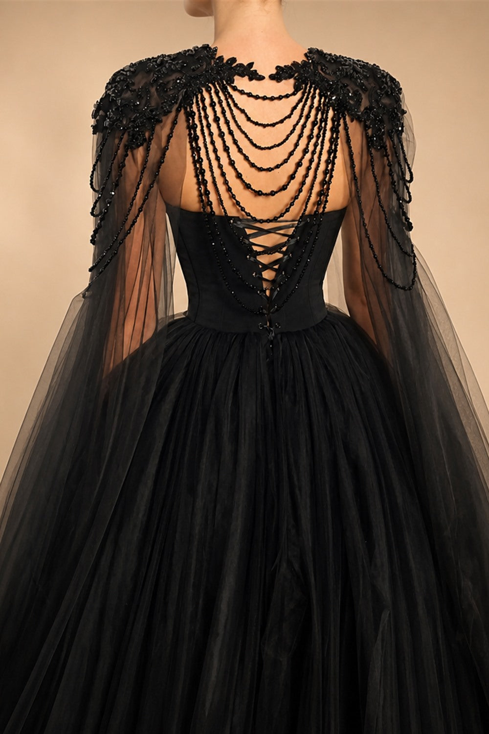Black Luxury Gothic  Wedding Dress Beaded Tulle Ball Gown With Sheer Beaded Cape ZP028