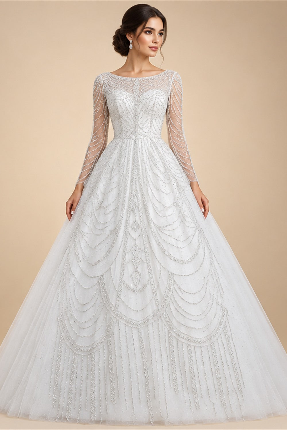 Luxury Beaded Long Sleeve Ball Gown Wedding Dress ZP184