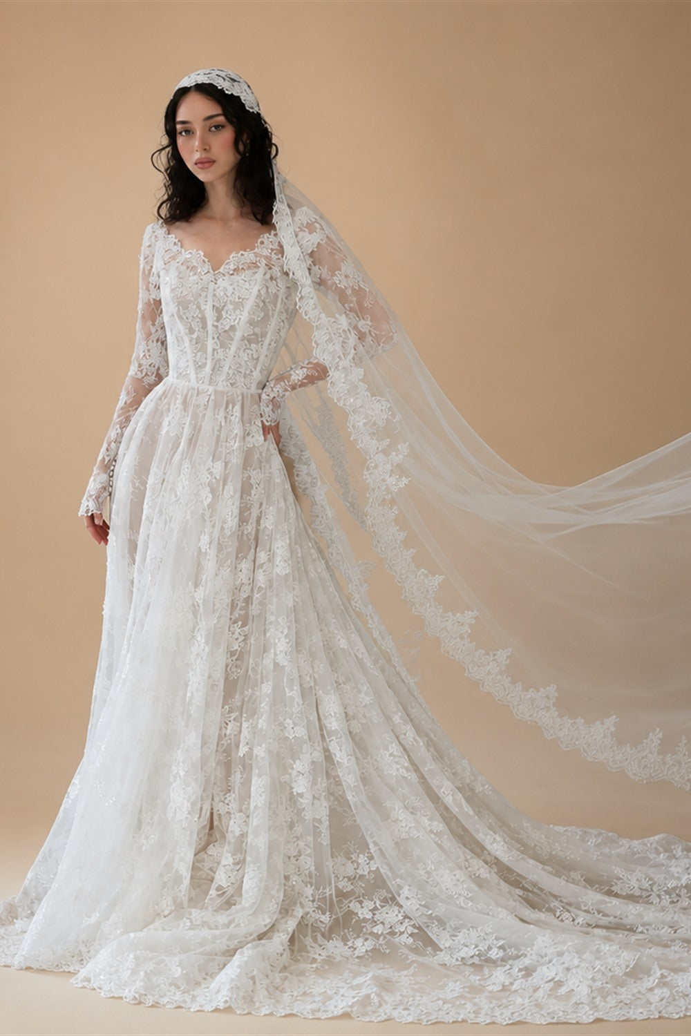 Whimsical Ivory Lace V-Neck Long Sleeve Wedding Dress with Veil ZP106