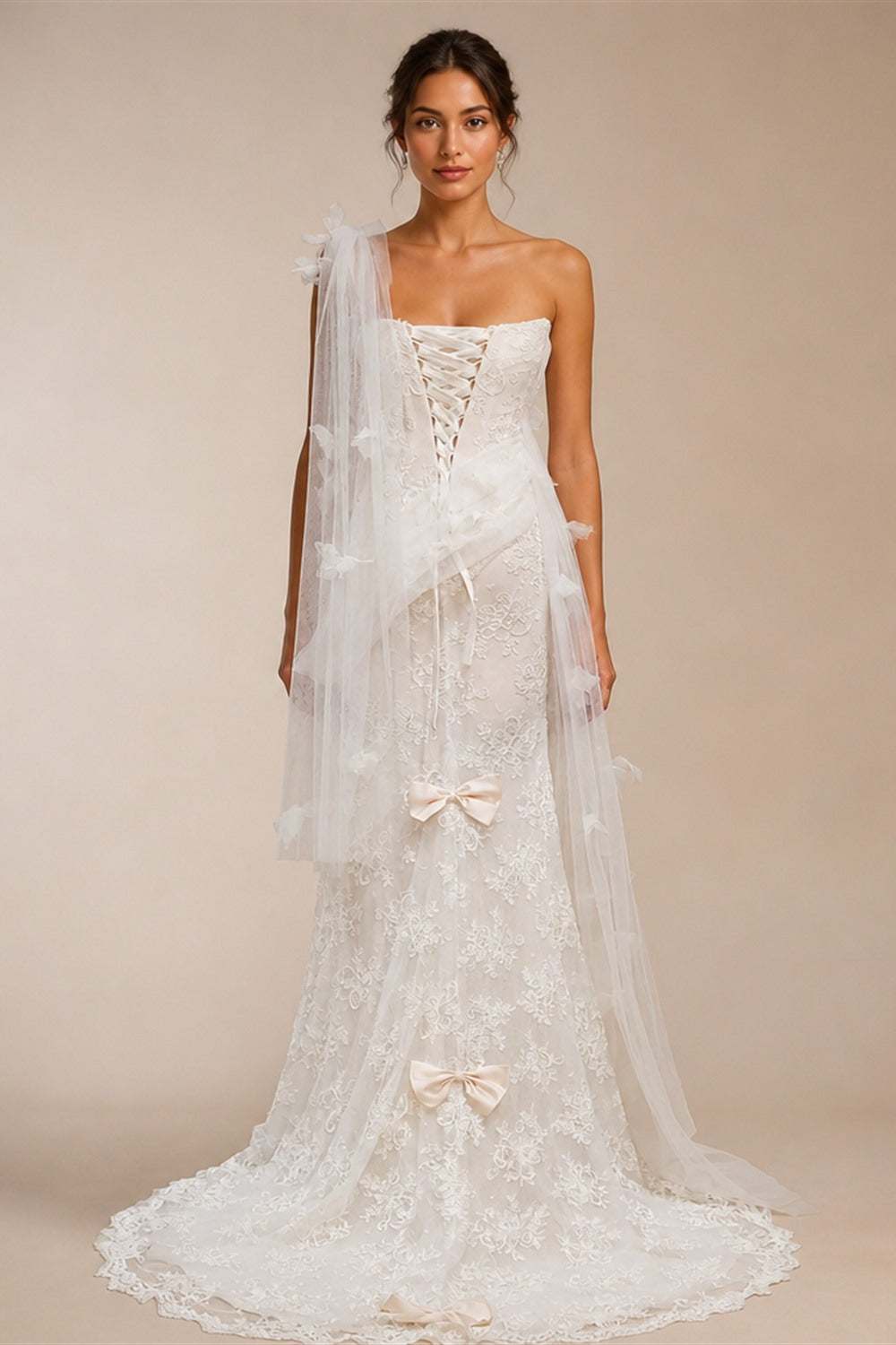 Luxury White One-Shoulder Lace Ruched Bow Mermaid Wedding Dress ZP157