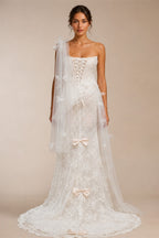 Luxury White One-Shoulder Lace Ruched Bow Mermaid Wedding Dress ZP157