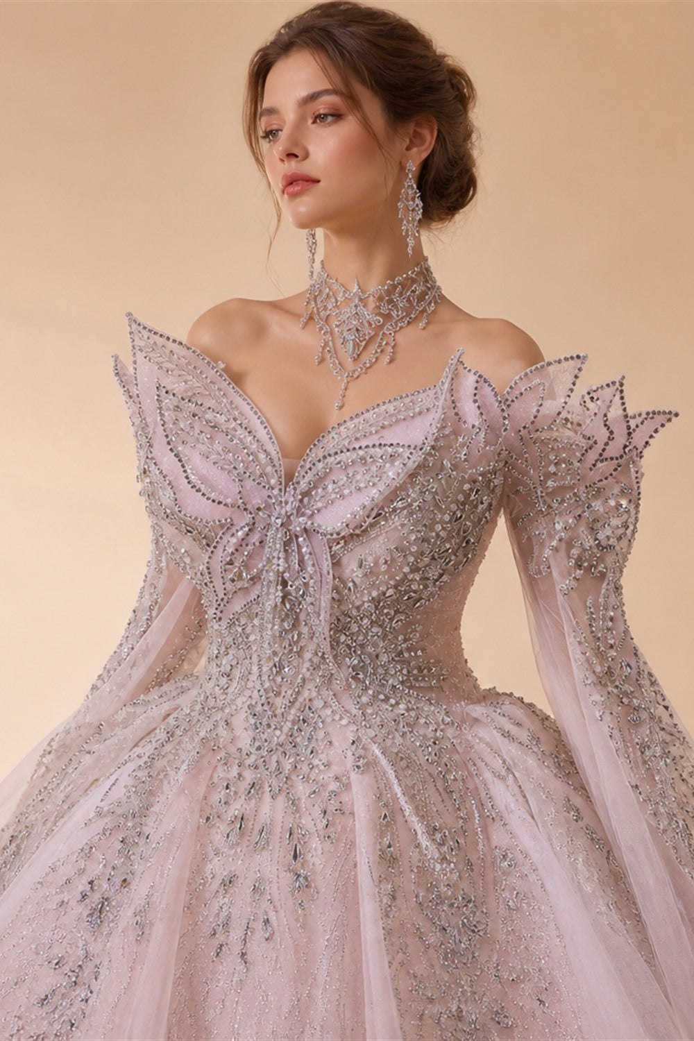 Luxury Embroidery Puff Sleeve Ball Gown Wedding Dress ZP156
