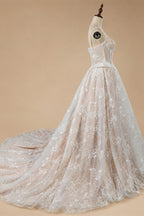 Luxury Ivory Square Neck Corset Lace Tulle A-Line Wedding Dress with Train ZP064