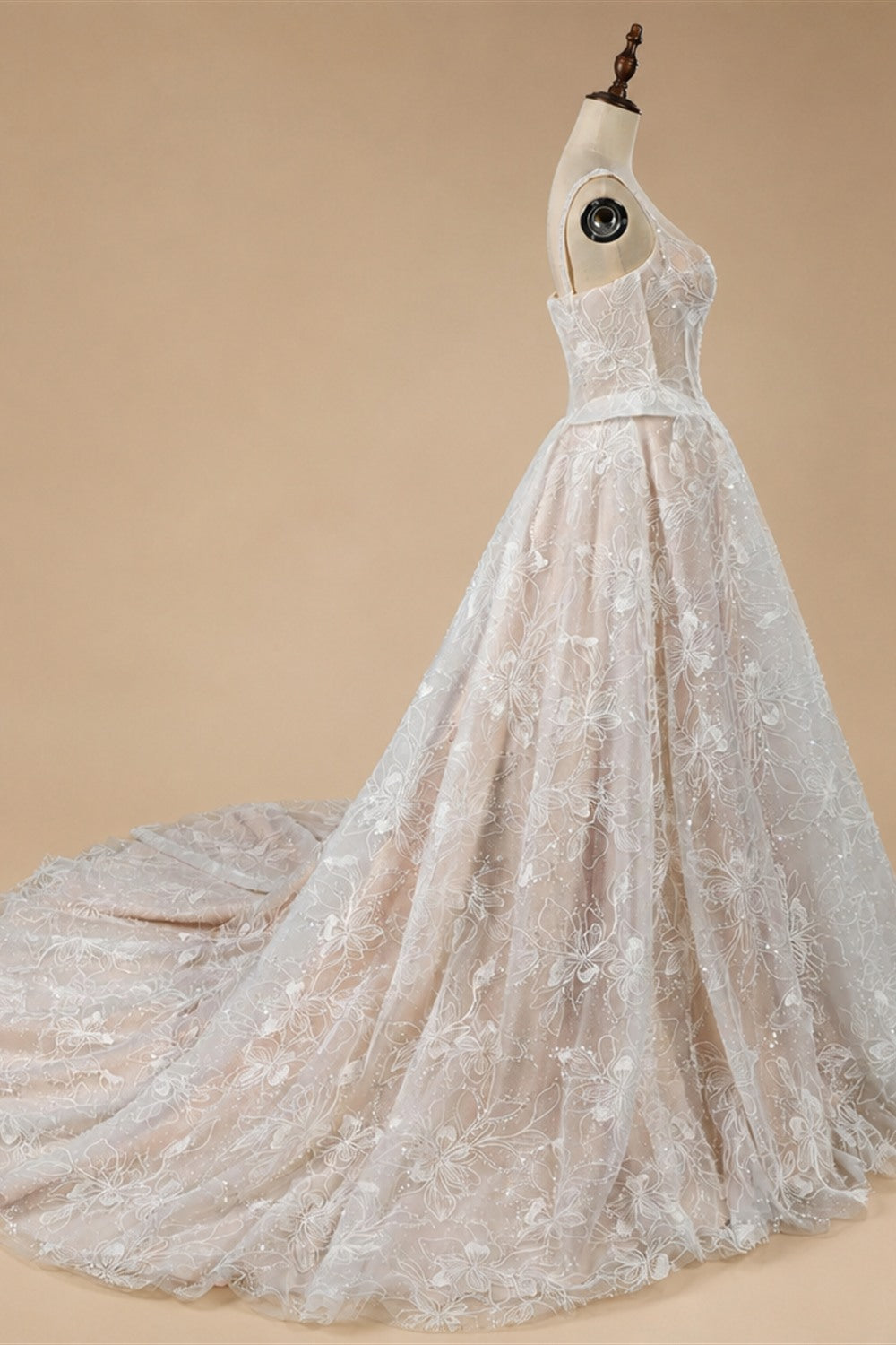 Luxury Ivory Square Neck Corset Lace Tulle A-Line Wedding Dress with Train ZP064