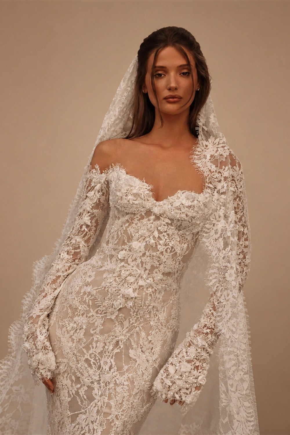 Bohemian Ivory Off-the-Shoulder Sheer Lace Mermaid Wedding Dress with Veil ZP128