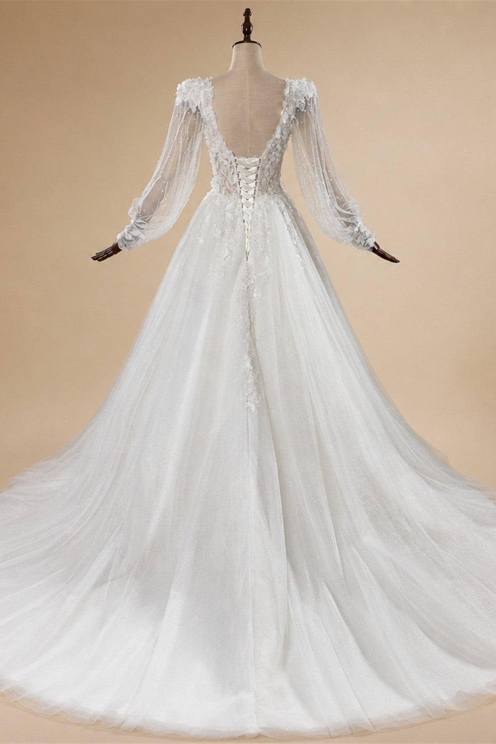 Elegant White V-Neck Long Sleeve Lace-Up Back A-Line Wedding Dress ZP060