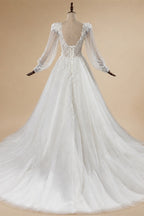 Elegant White V-Neck Long Sleeve Lace-Up Back A-Line Wedding Dress ZP060