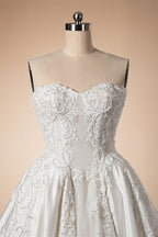 White Satin Strapless Wedding Dress Lace Appliques Sweetheart Neckline Ball Gown ZP010