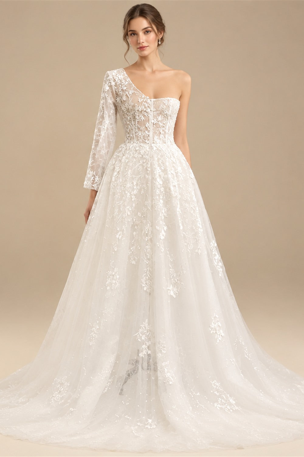 Beach Sexy Boho Wedding Dresses A-Line One Shoulder Long Sleeve Sweep / Brush Train Lace Bridal Gowns With Split Front