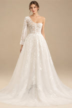Beach Sexy Boho Wedding Dresses A-Line One Shoulder Long Sleeve Sweep / Brush Train Lace Bridal Gowns With Split Front